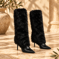 Black Faux Fur Knee-High Stiletto Boots