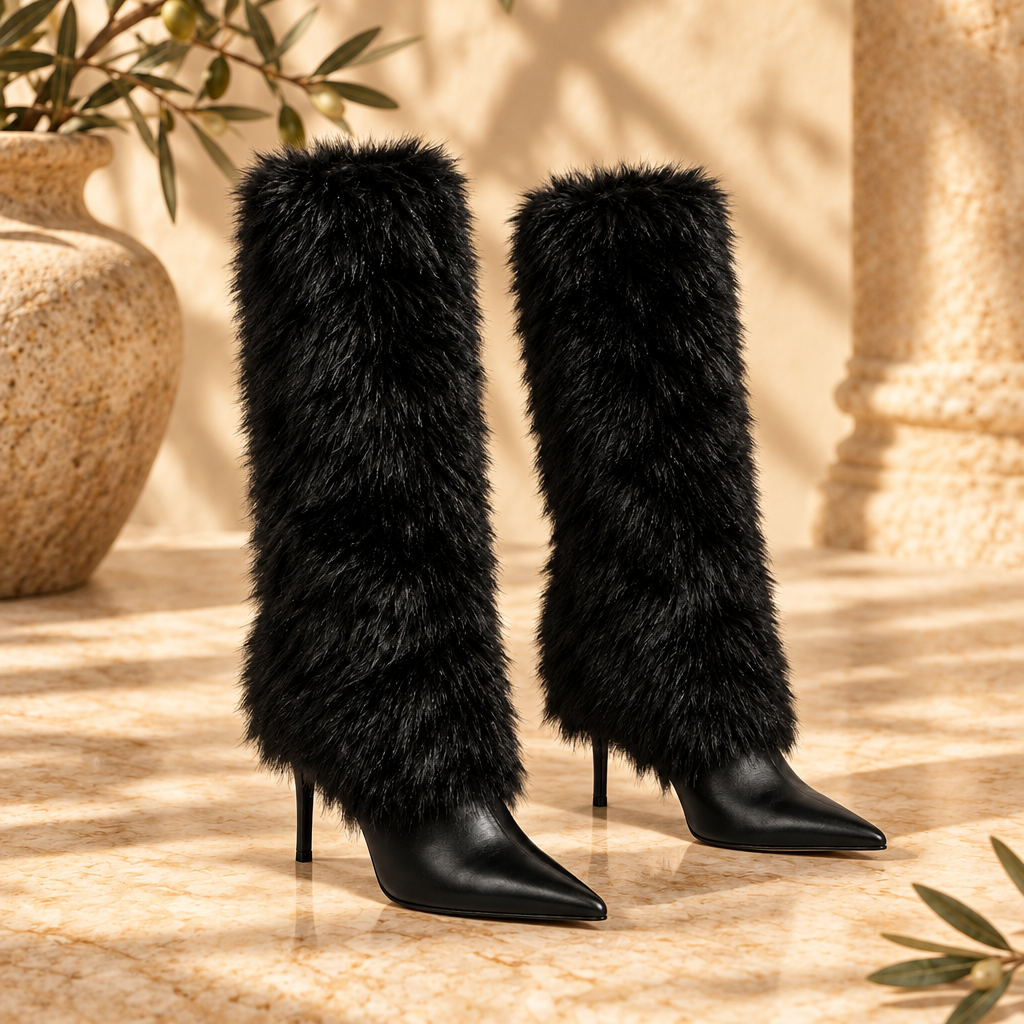 Black Faux Fur Knee-High Stiletto Boots