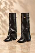 Black Faux Leather Fold-Over Clasp Mid-Calf Boots