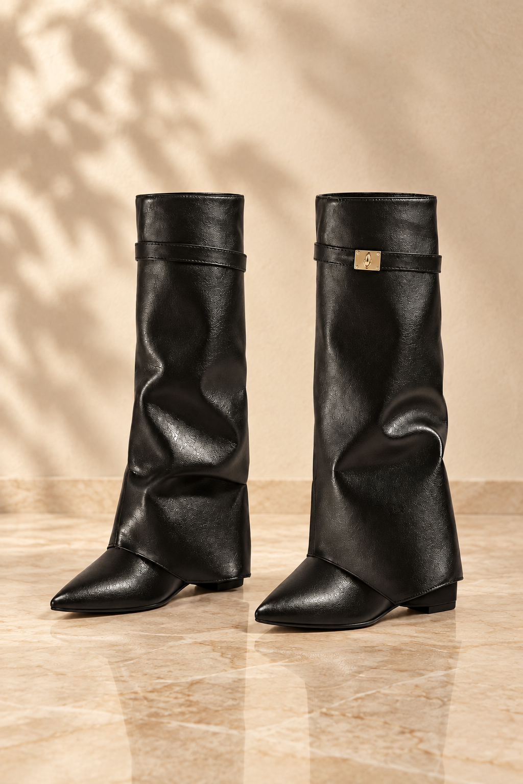 Black Faux Leather Fold-Over Clasp Mid-Calf Boots