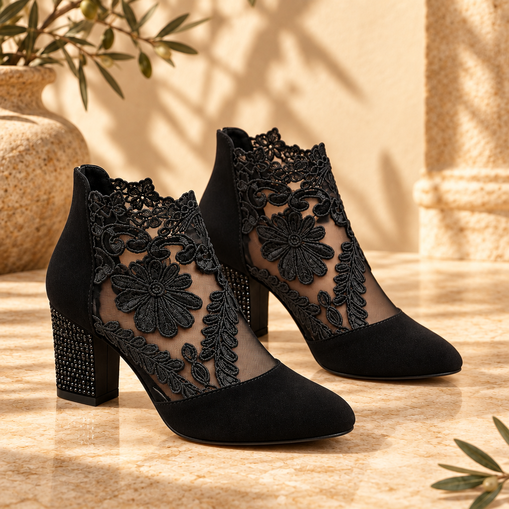 Black Floral Lace Mesh Ankle Boots
