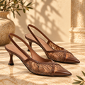 Brown Lace Mesh Slingback Kitten Heel Pumps