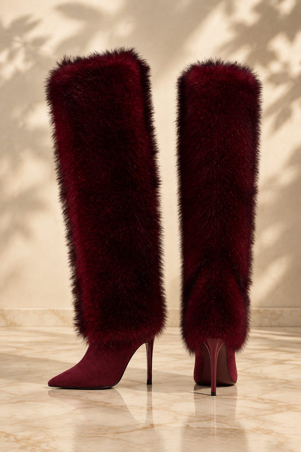 Burgundy Faux Fur Knee-High Stiletto Boots