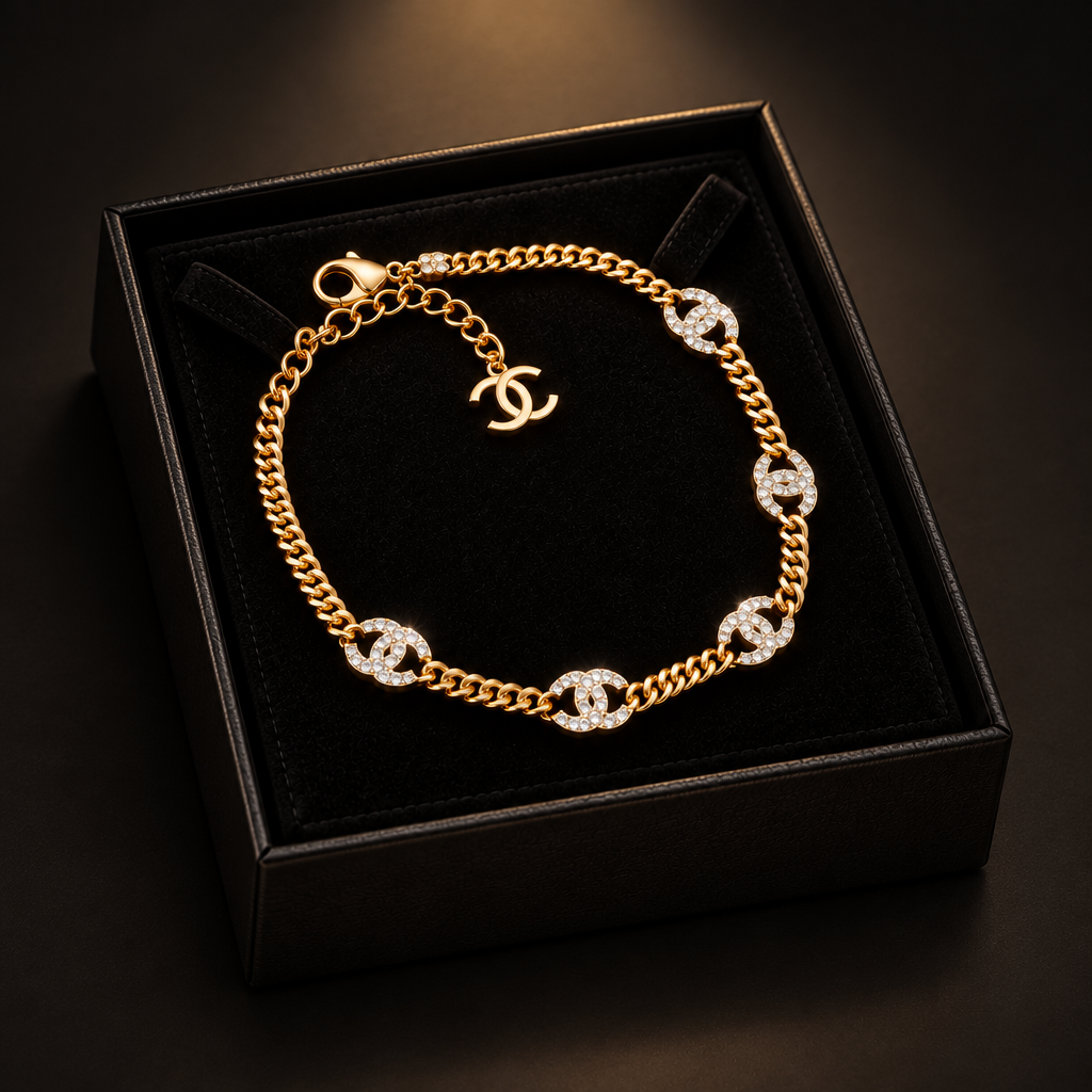 Chanel CC Pavé Crystal Gold Cuban Chain Bracelet