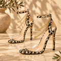 Leopard Print Clear Strap Gold Chain Stiletto Heels