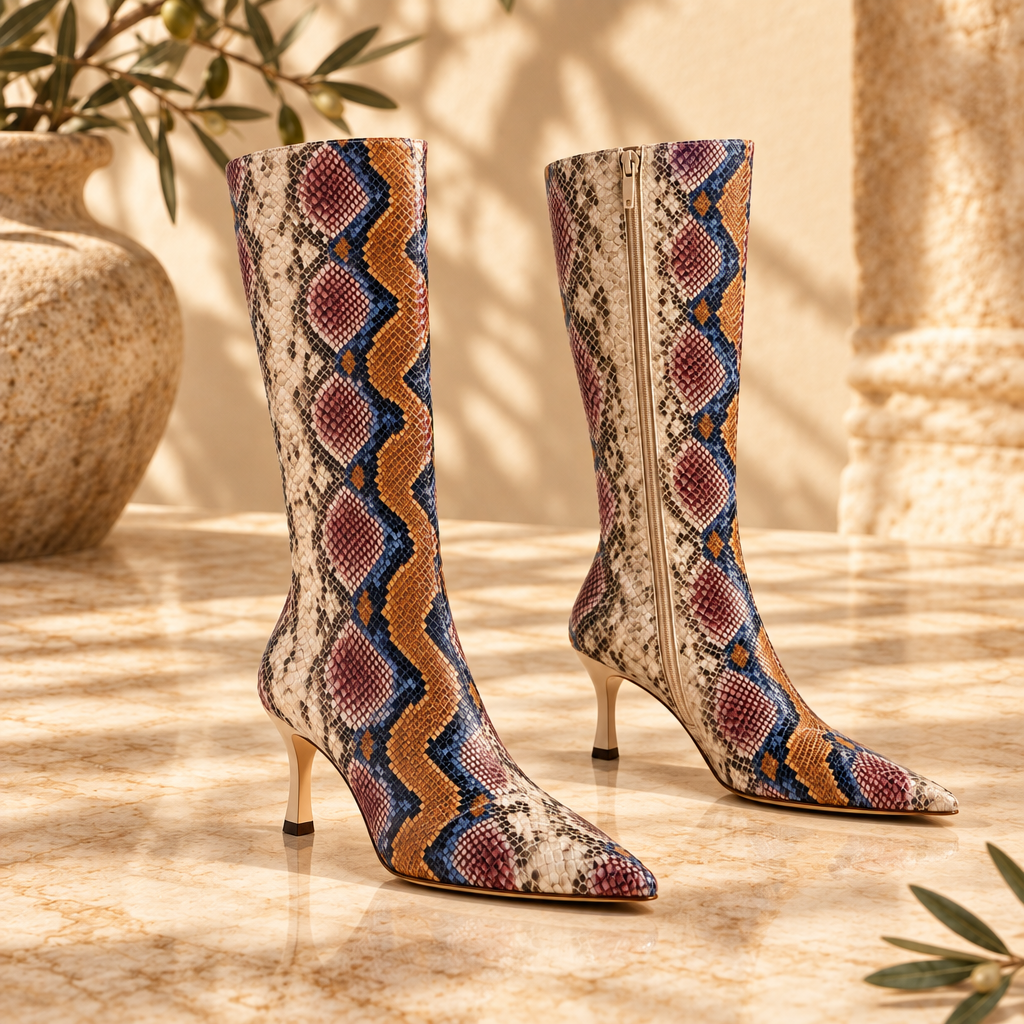 Multicolor Snakeskin Print Knee-High Boots