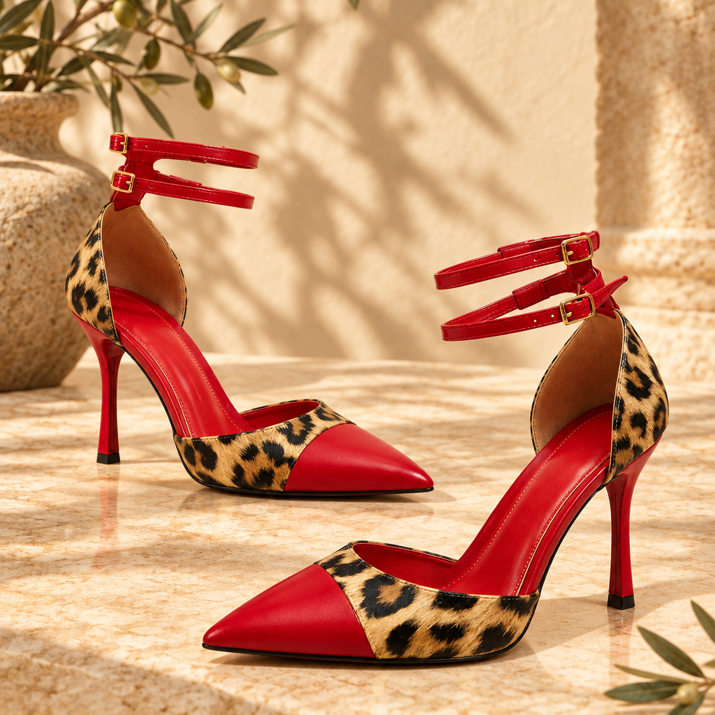 Red & Leopard Color-Block D'Orsay Heels